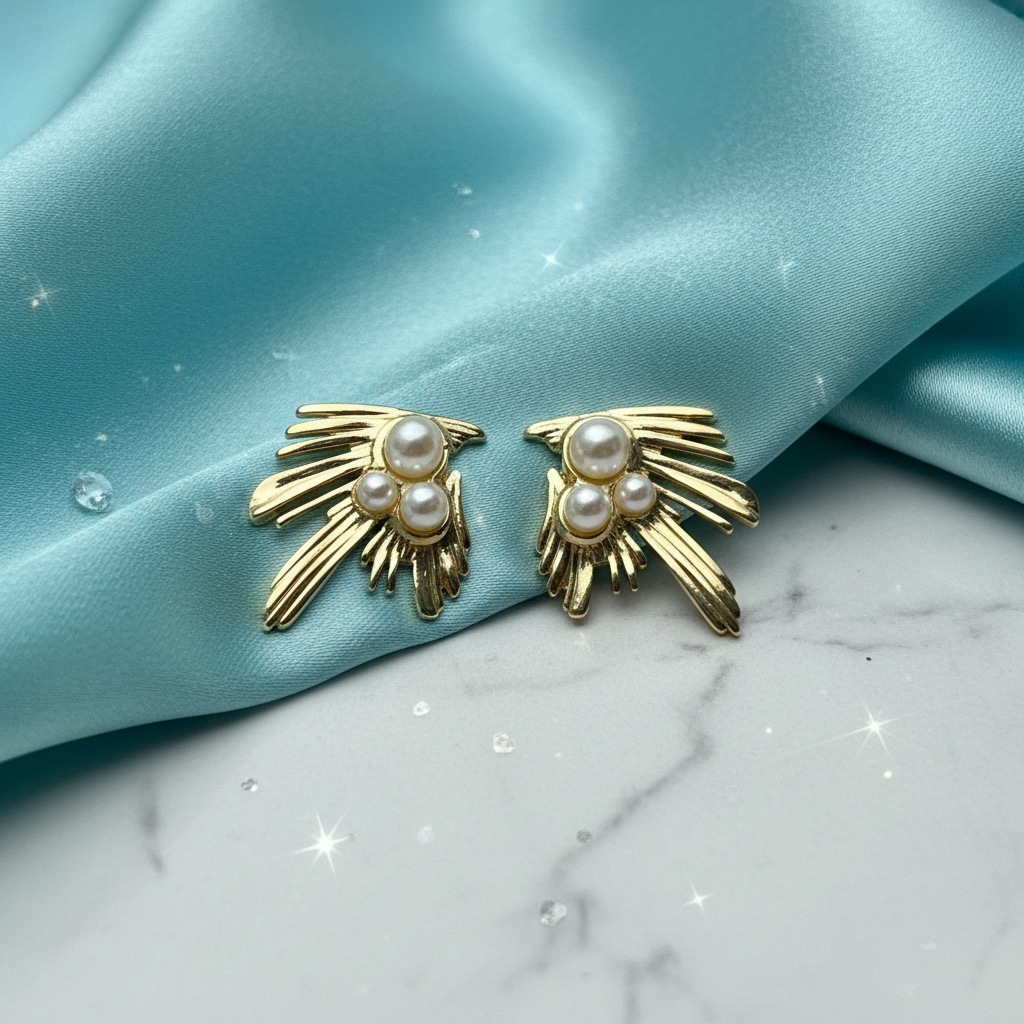 Gold Fan Pearl Stud Earrings
