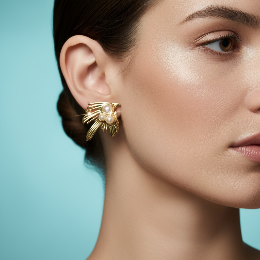 Gold Fan Pearl Stud Earrings