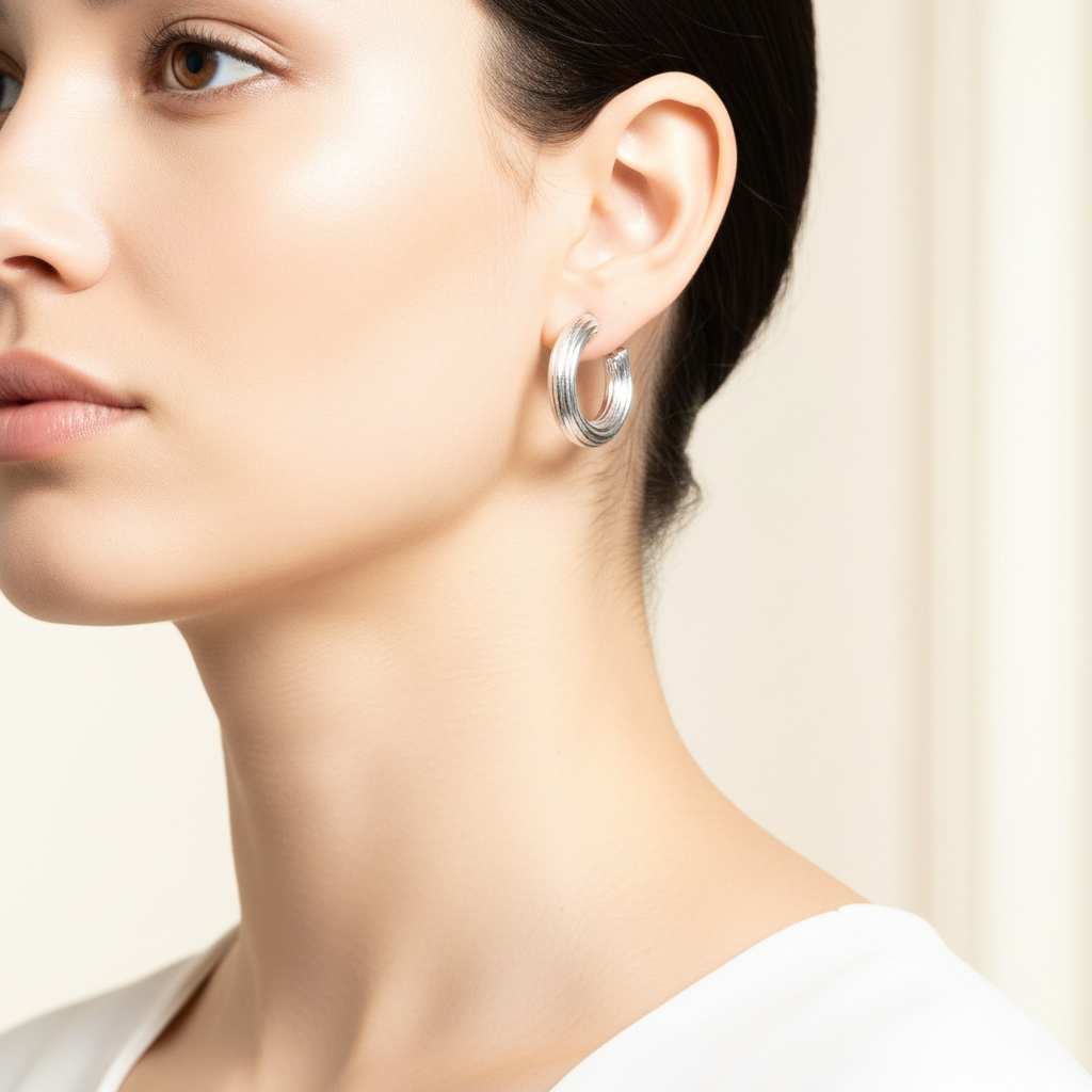 Silver Ribbed Hoop Earrings