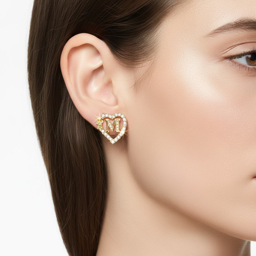 Gold Crystal Heart Initial Stud Earrings