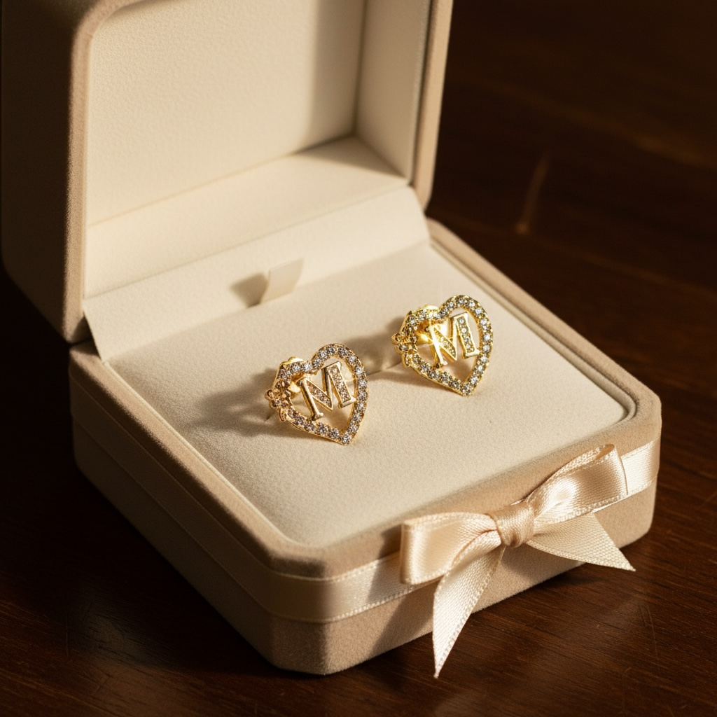 Gold Crystal Heart Initial Stud Earrings