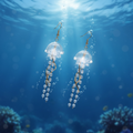 Jellyfish-shaped earrings with bubbles against an underwater background