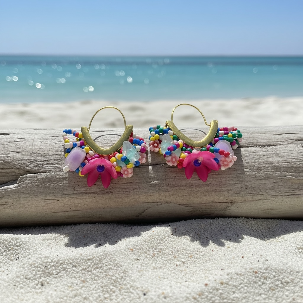 Rainbow Lotus Beaded Hoop Earrings