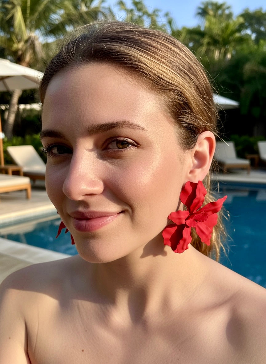 Red Orchid Flower Stud Earrings