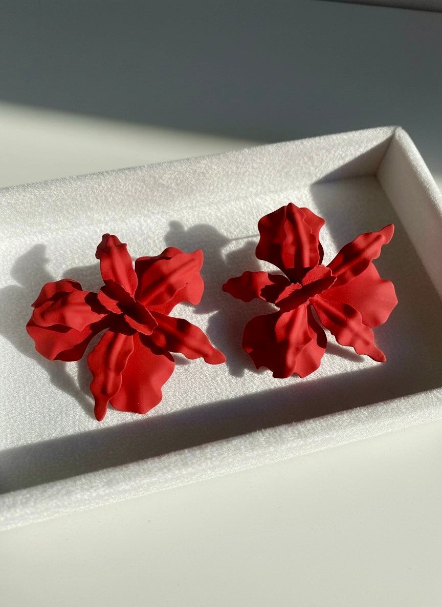 Red Orchid Flower Stud Earrings