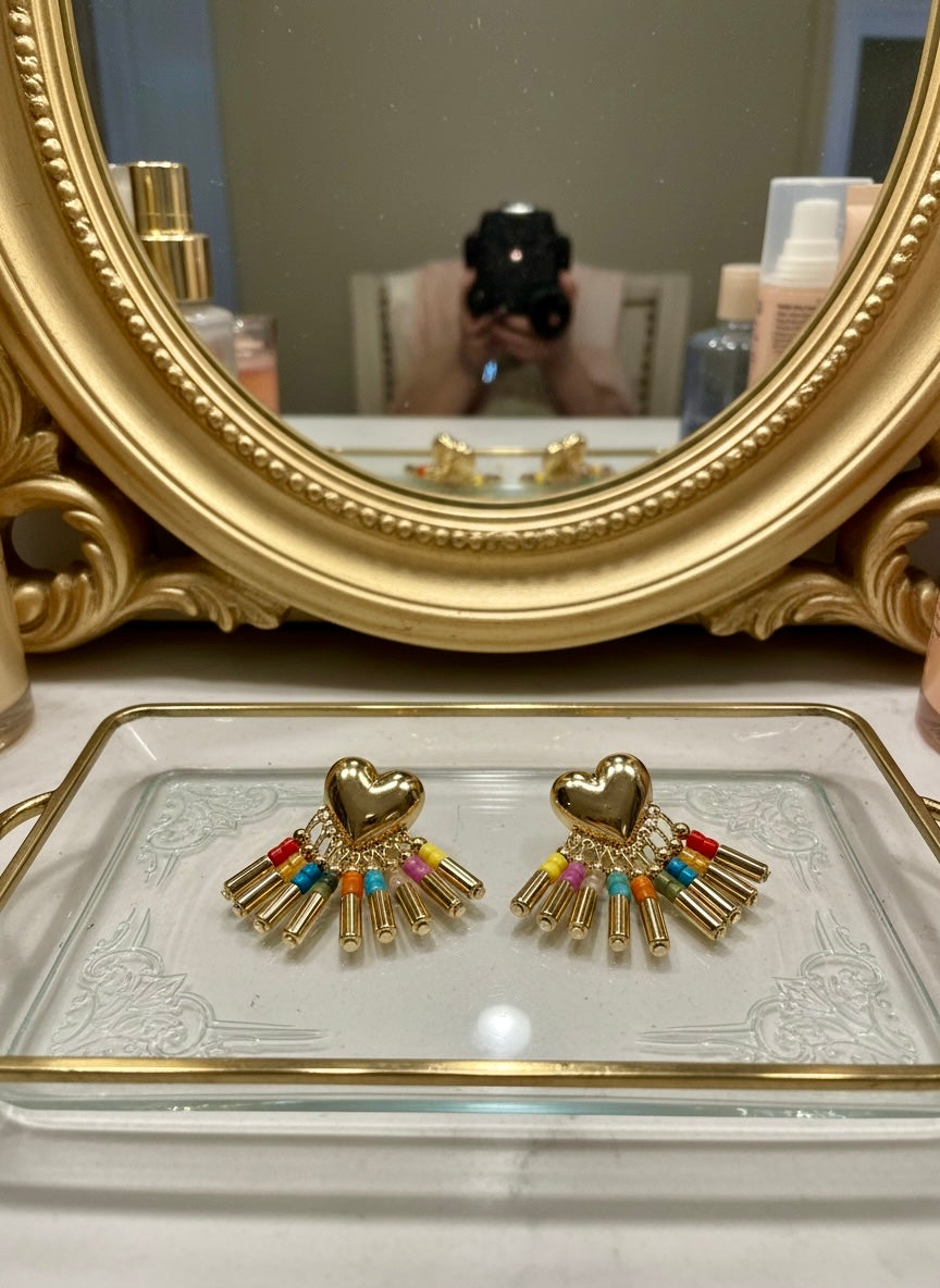 Gold Puffed Heart Rainbow Beaded Fringe Earrings
