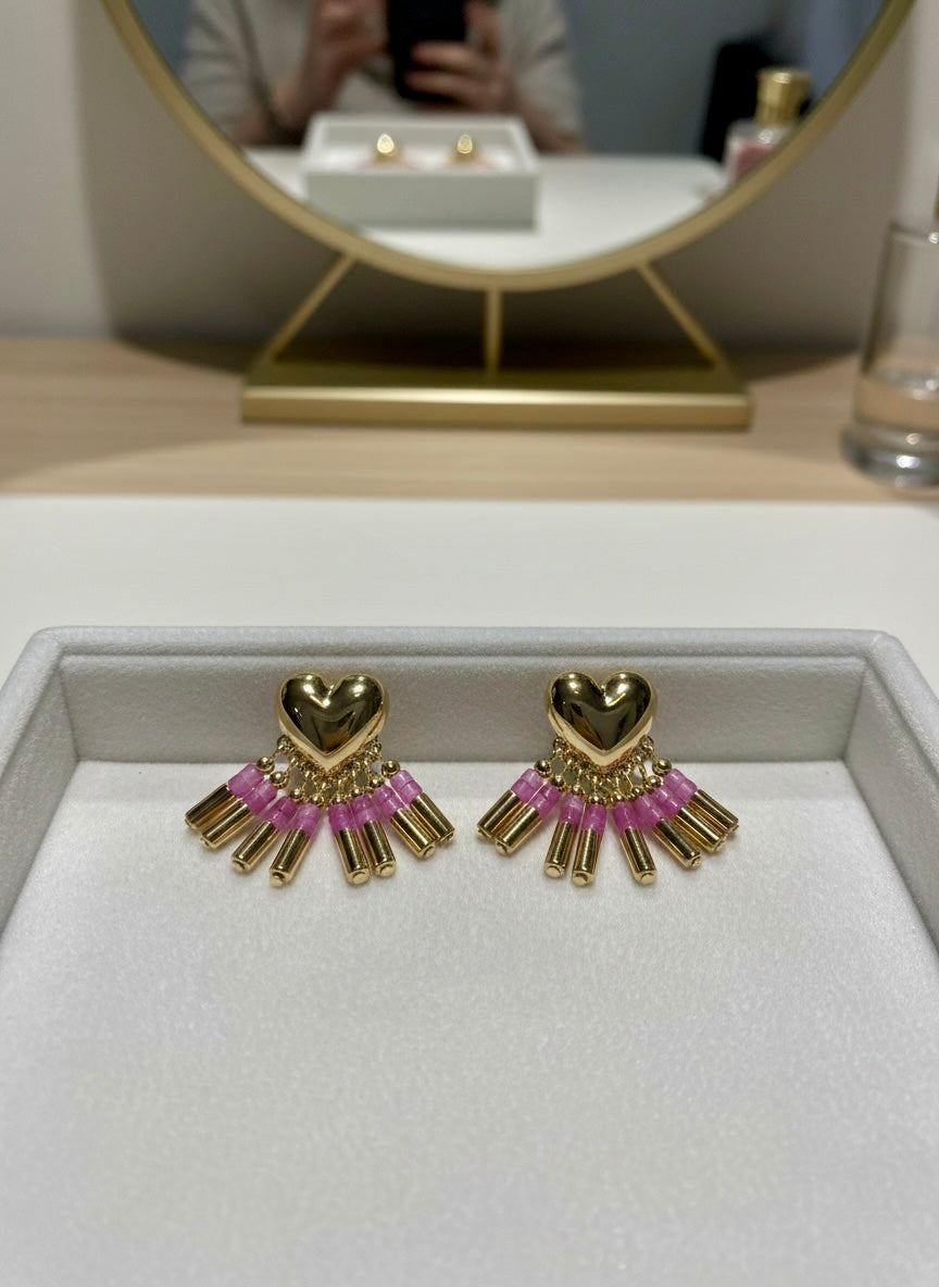Gold Puffed Heart Beaded Fringe Earrings