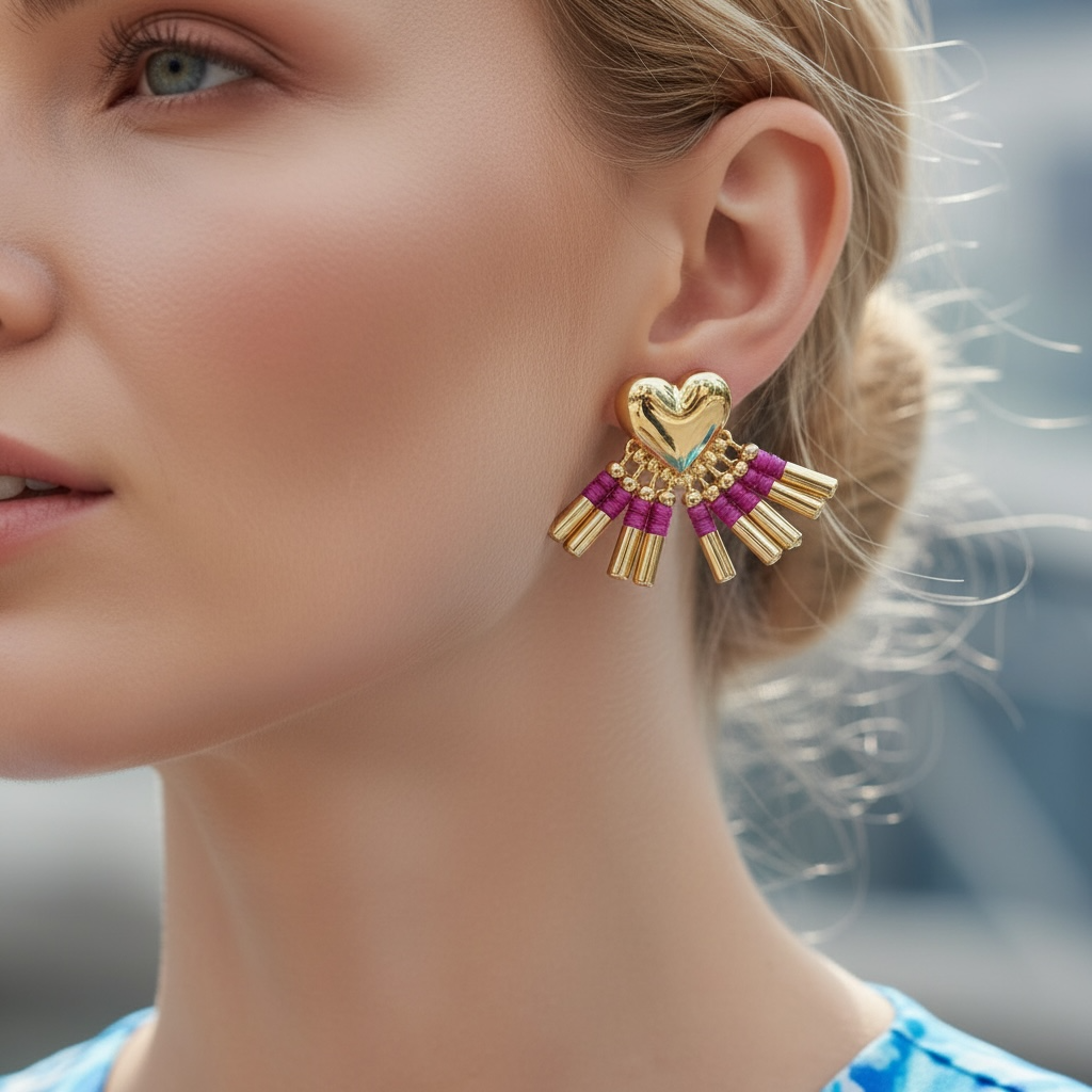 Gold Puffed Heart Beaded Fringe Earrings