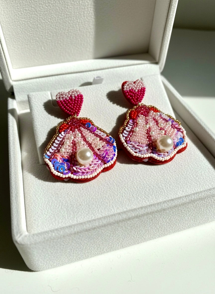 Beaded Heart & Pearl Shell Drop Earrings
