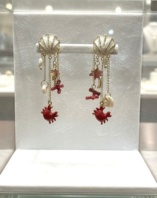 Shell & Crab Charm Drop Earrings