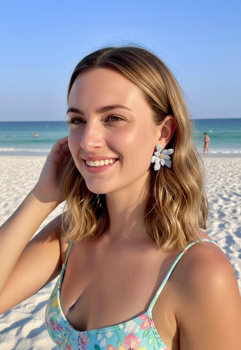Blue Embroidered Daisy Stud Earrings