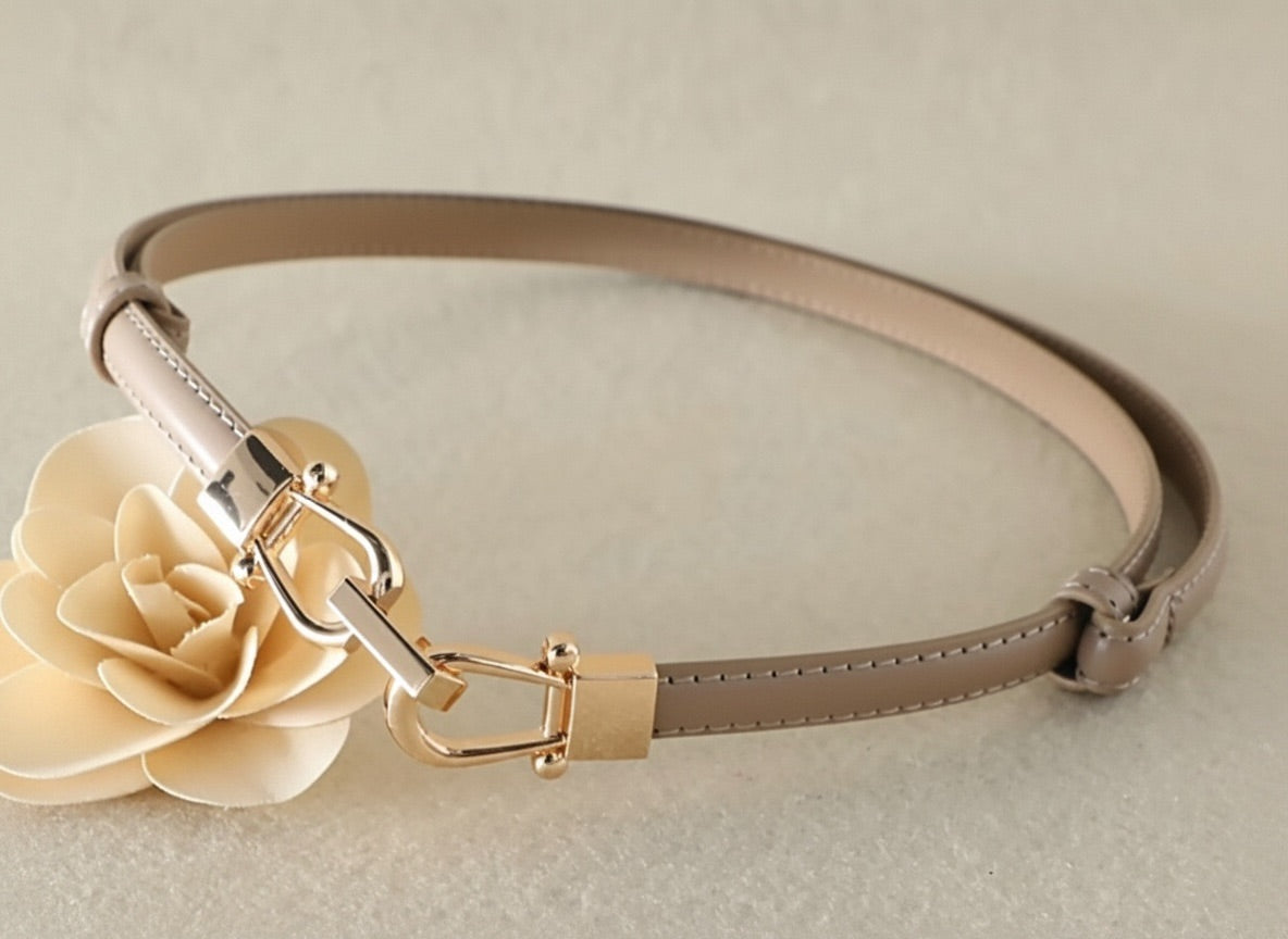 Taupe Leather Camellia Anchor Buckle Belt