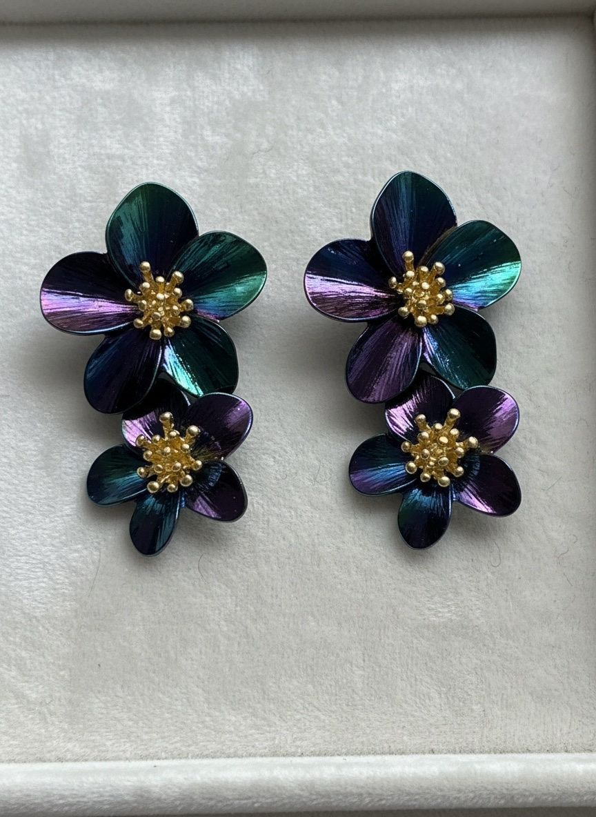 Iridescent Double Flower Drop Earrings