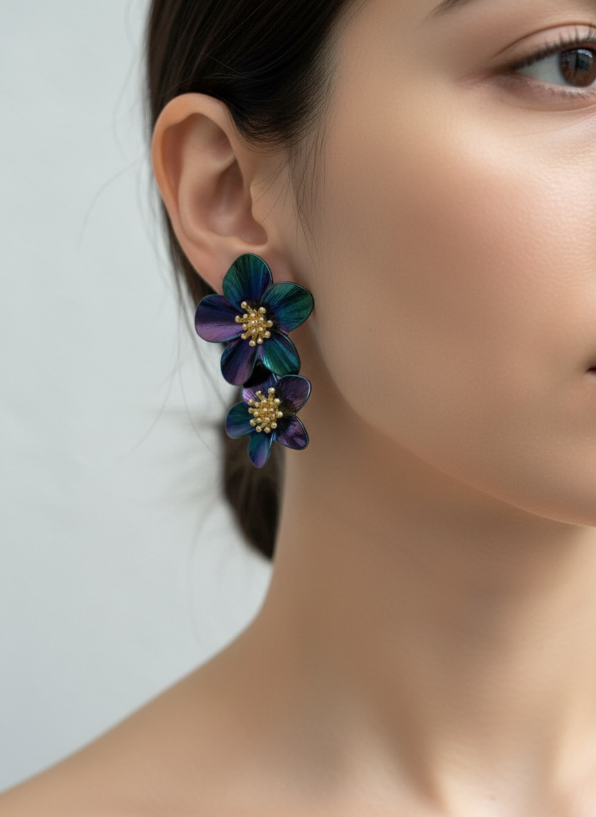 Iridescent Double Flower Drop Earrings