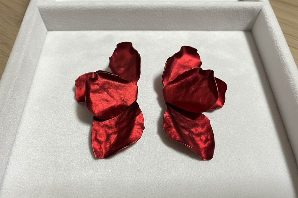 Red Metallic Petal Flower Earrings
