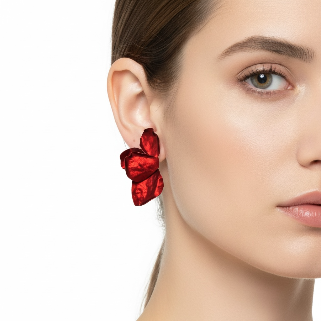 Red floral earring worn by a model on a white background