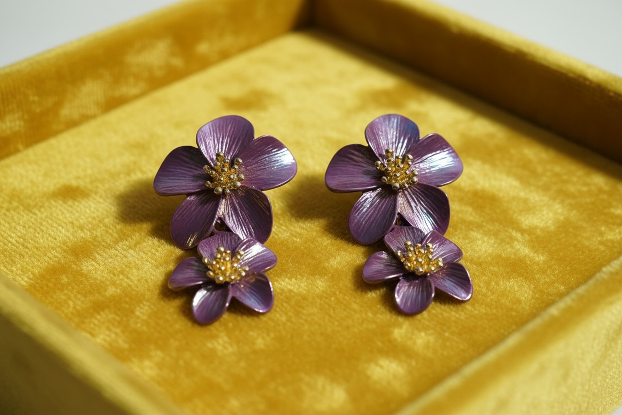 Purple Double Flower Drop Earrings