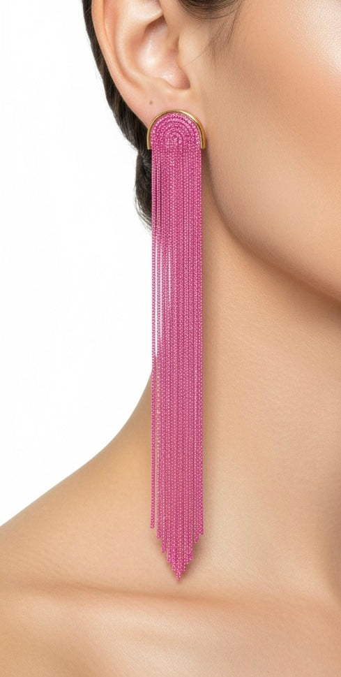 Pink Crystal Chain Arch Fringe Earrings