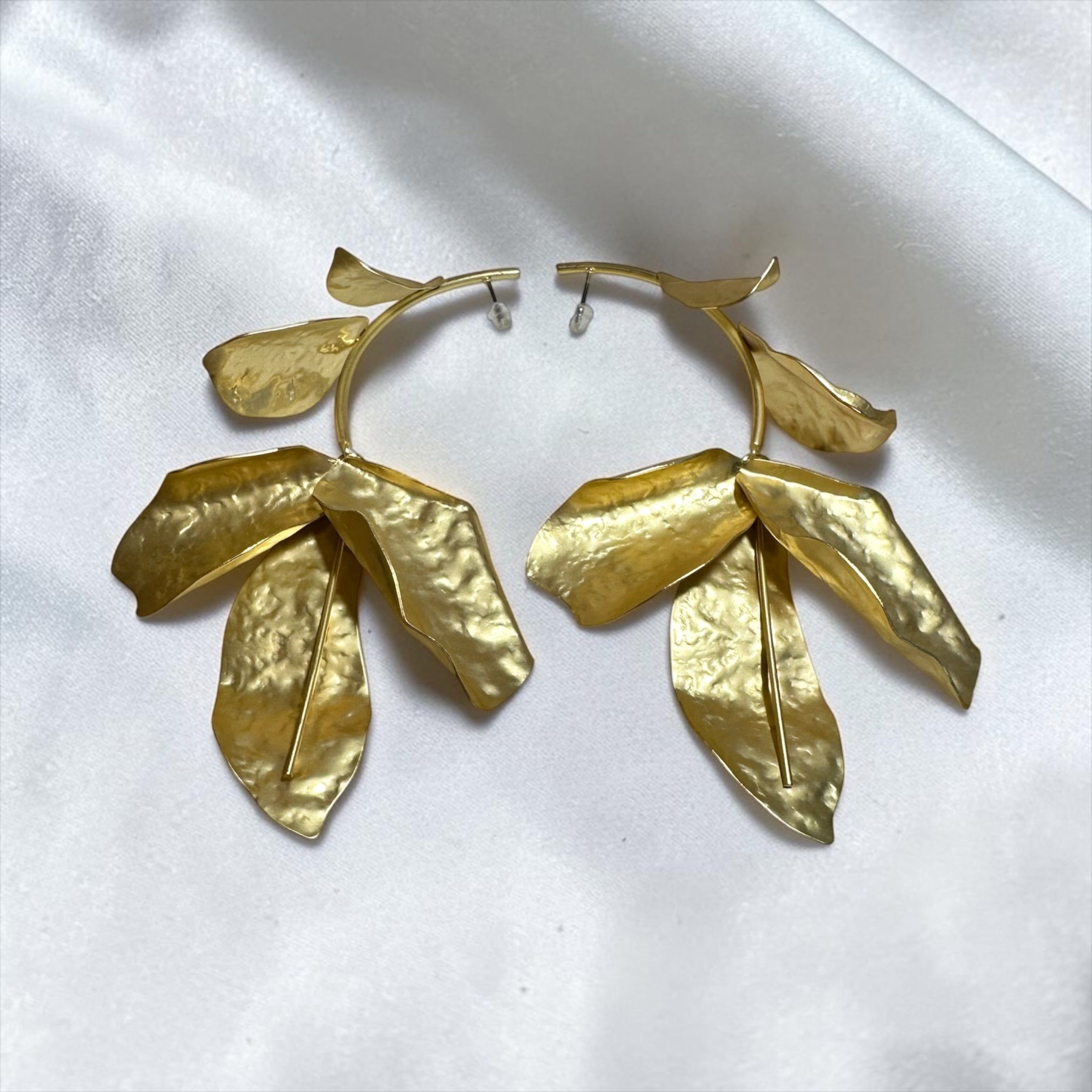 Gold Hammered Leaf Hoop Earrings