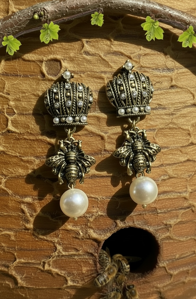 Queen Bee Crown & Pearl Drop Earrings