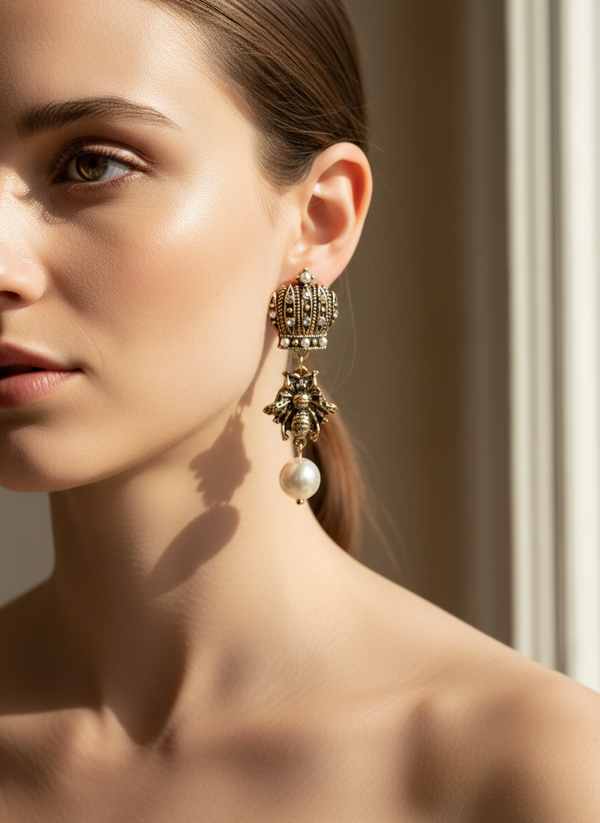 Queen Bee Crown & Pearl Drop Earrings