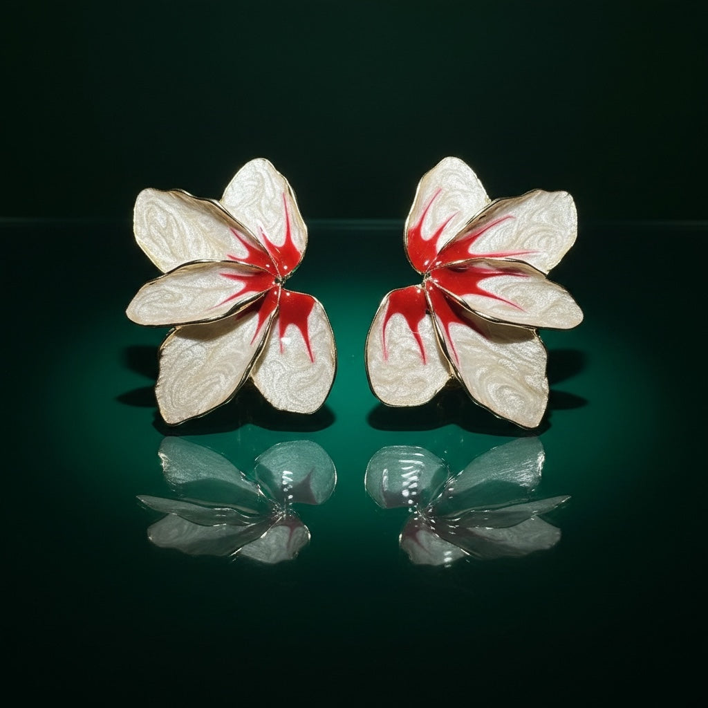 Ivory & Red Enamel Hibiscus Stud Earrings