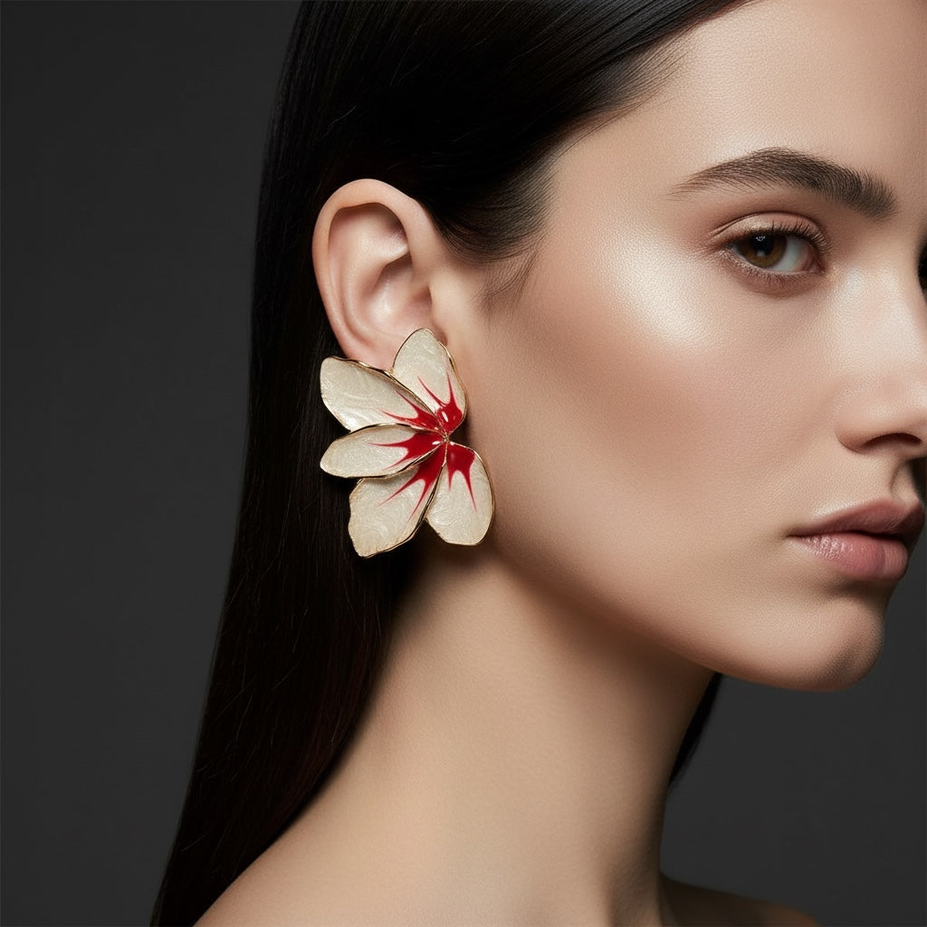 Ivory & Red Enamel Hibiscus Stud Earrings