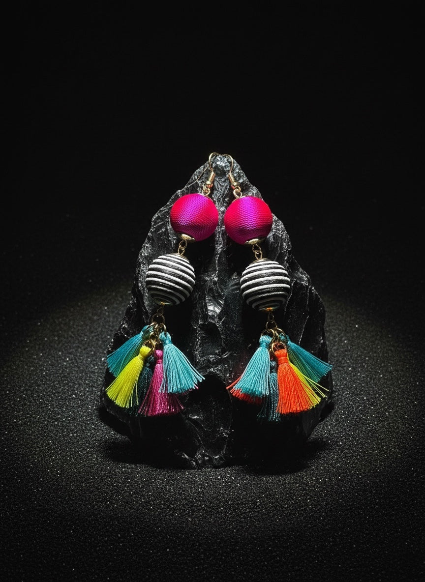 Hot Pink Pom Pom & Stripe Ball Rainbow Tassel Drop Earrings