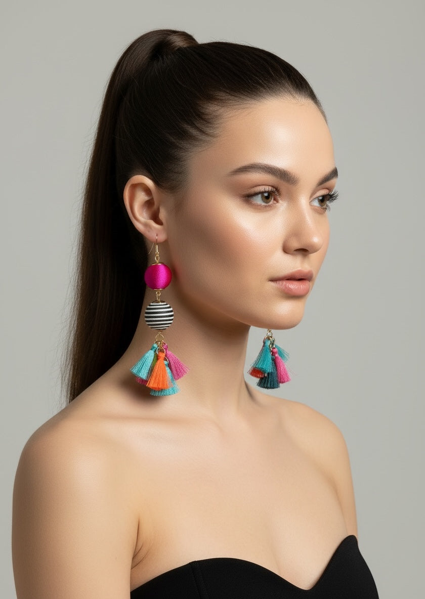 Hot Pink Pom Pom & Stripe Ball Rainbow Tassel Drop Earrings