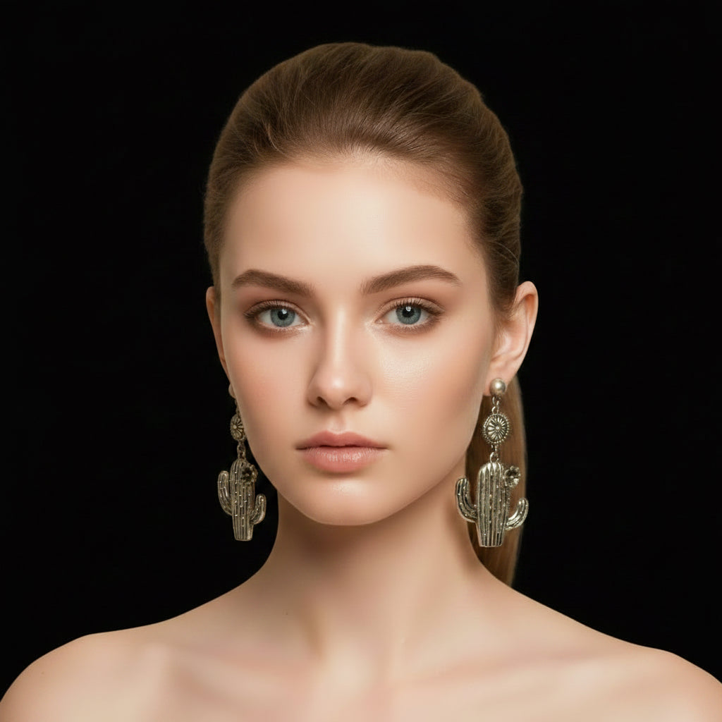 Woman wearing silver cactus-shaped earrings against a gray background