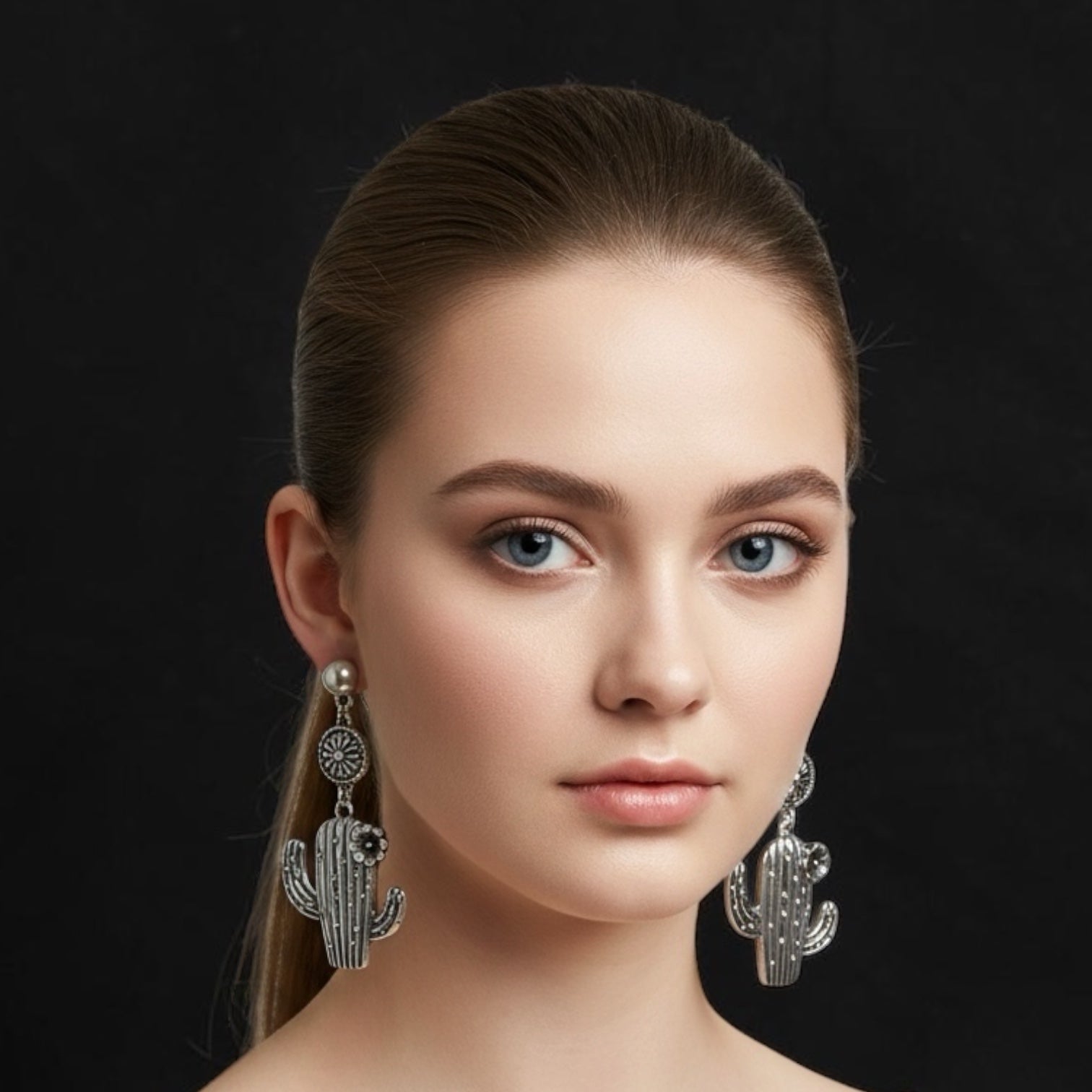 Antique Silver Cactus Flower Concho Drop Earrings