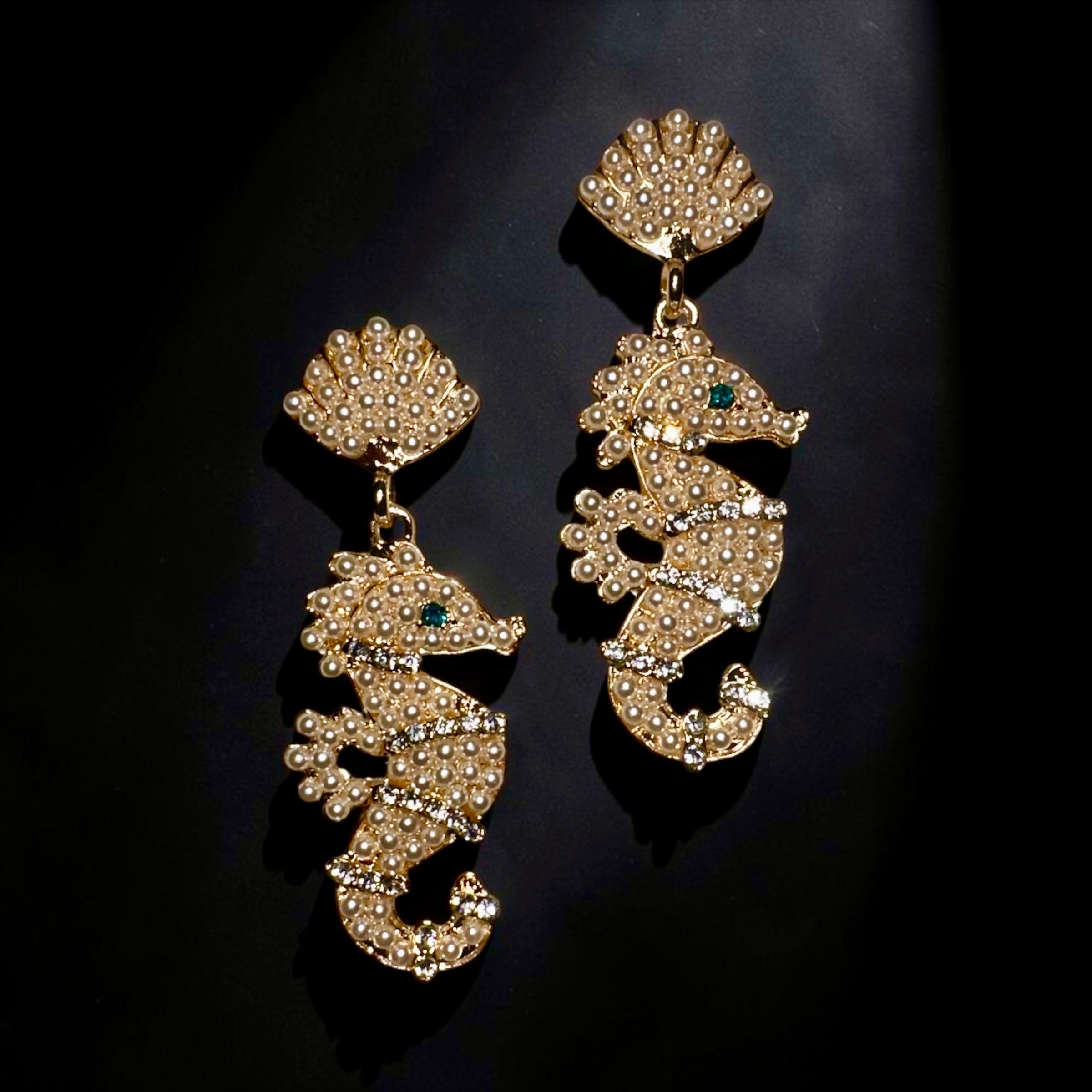 Gold Pearl Seahorse Drop Earrings