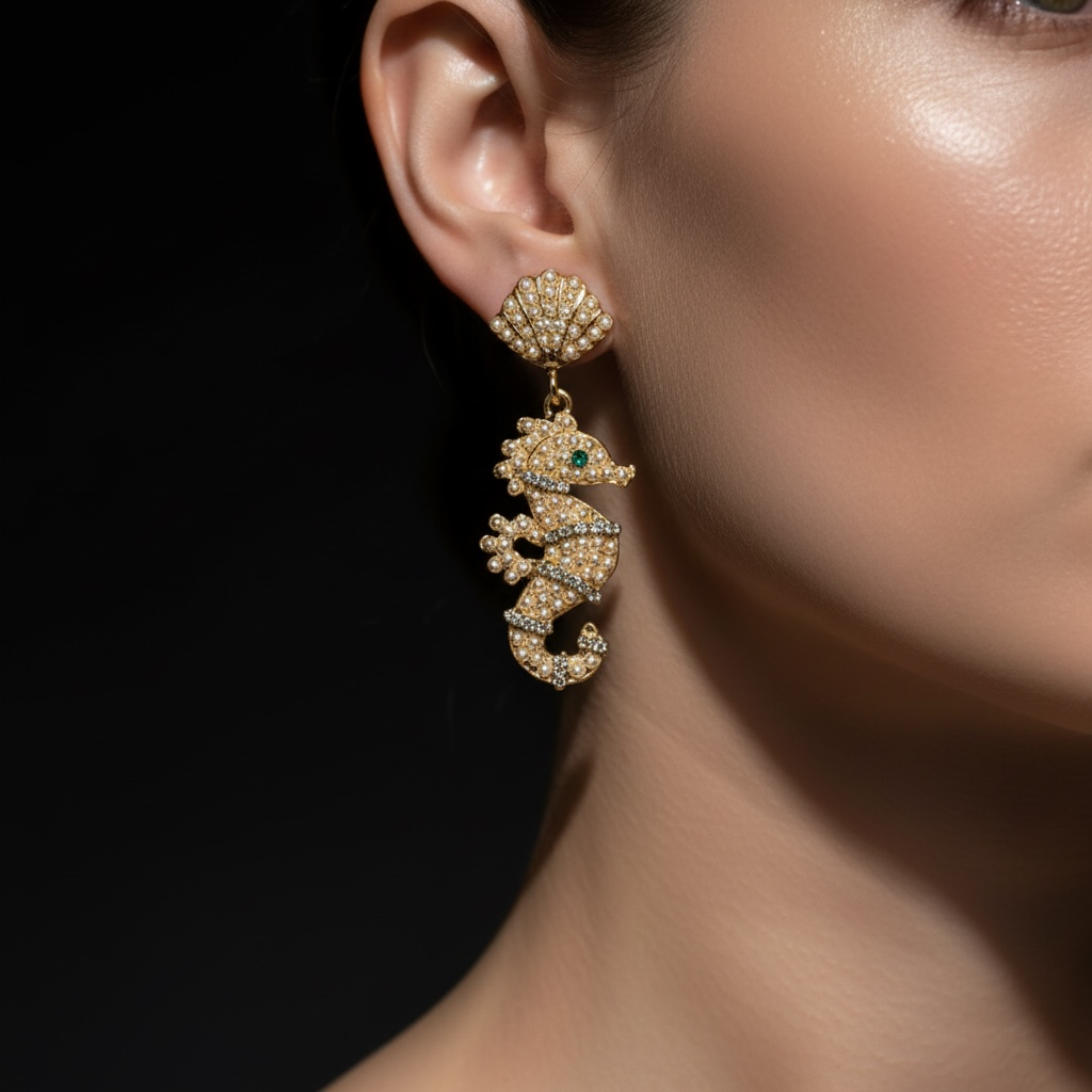 Gold Pearl Seahorse Drop Earrings