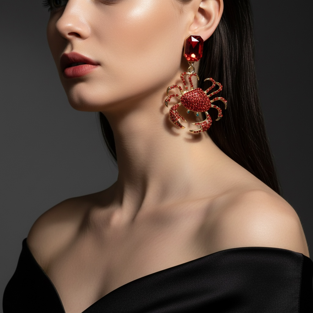 Red Crystal Crab Drop Earrings