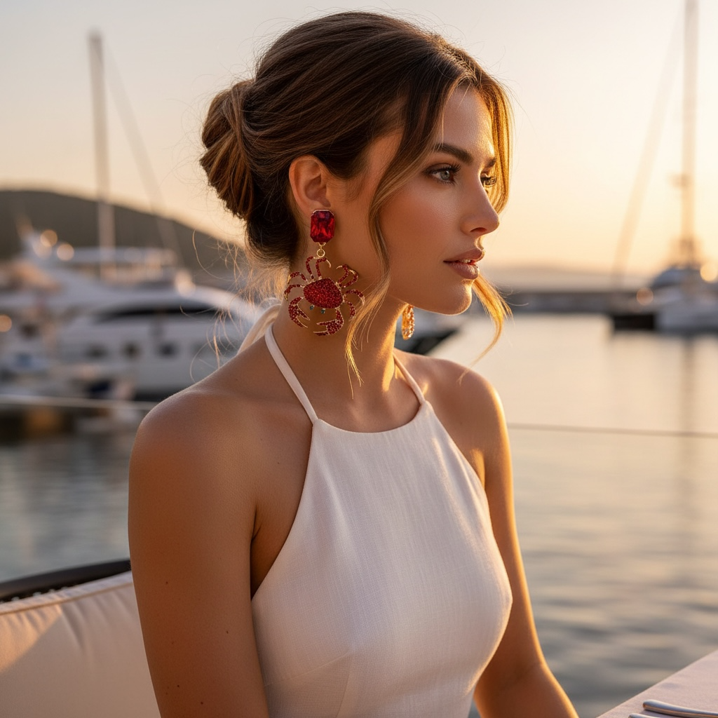 Red Crystal Crab Drop Earrings