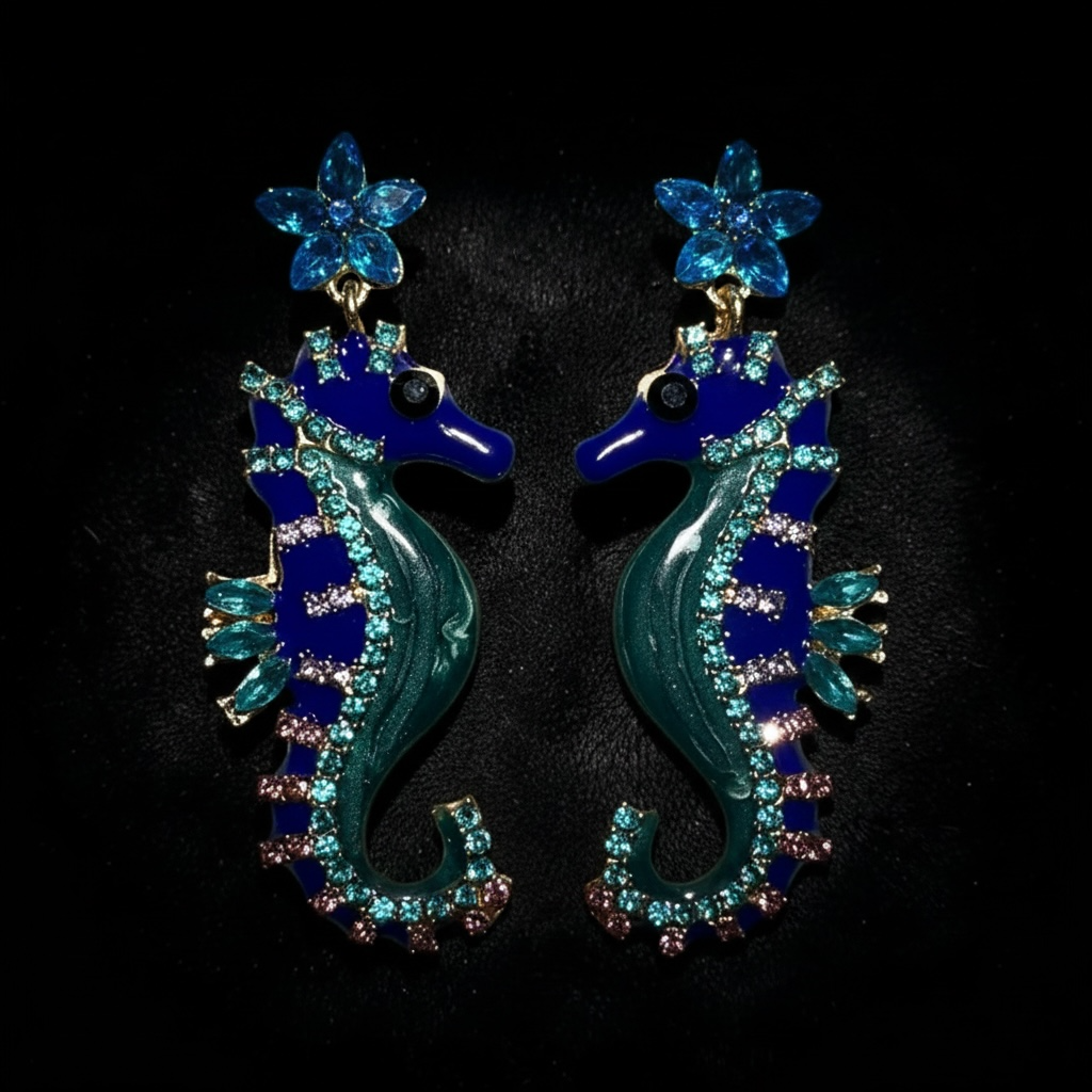 Blue & Teal Crystal Seahorse Drop Earrings