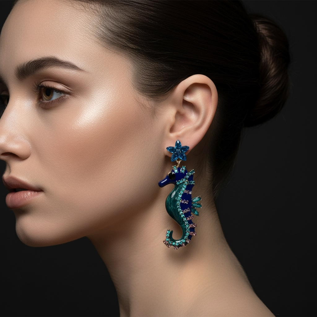 Blue & Teal Crystal Seahorse Drop Earrings