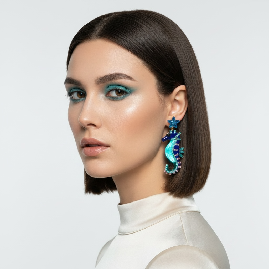 Blue & Teal Crystal Seahorse Drop Earrings