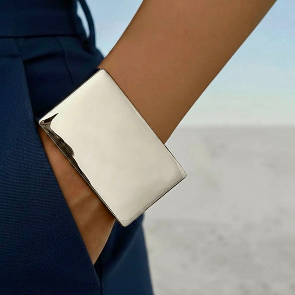 Silver Tone Polish Rectangular Hinged Bangle