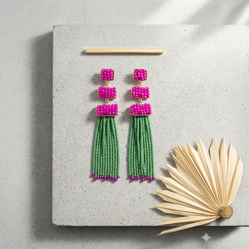 Fuchsia & Green Beaded Tassel Drop Earrings