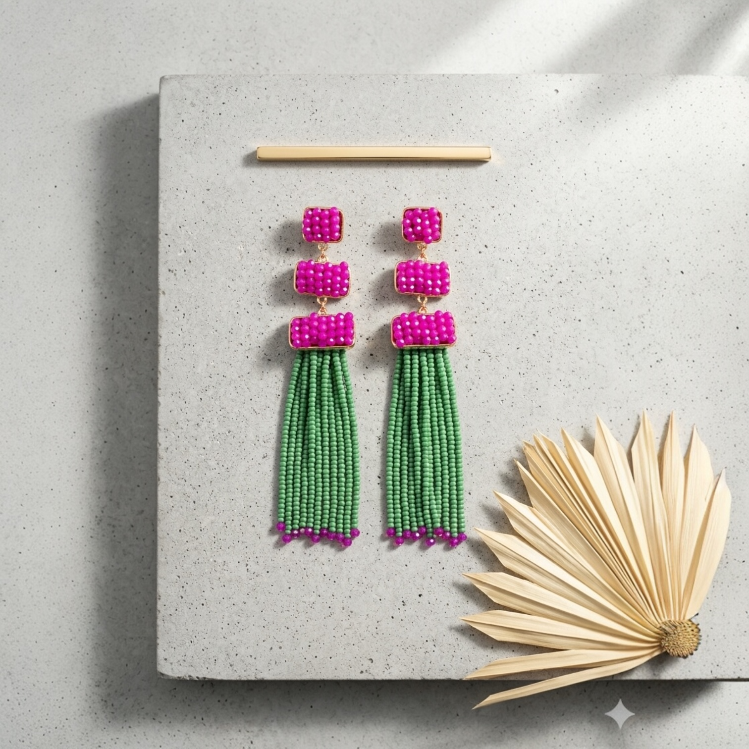 Fuchsia & Green Beaded Tassel Drop Earrings