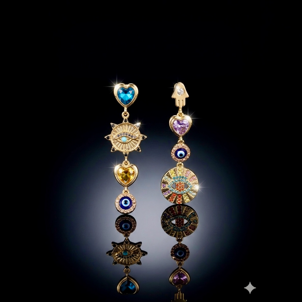 Pair of ornate earrings with colorful gemstones on a dark background