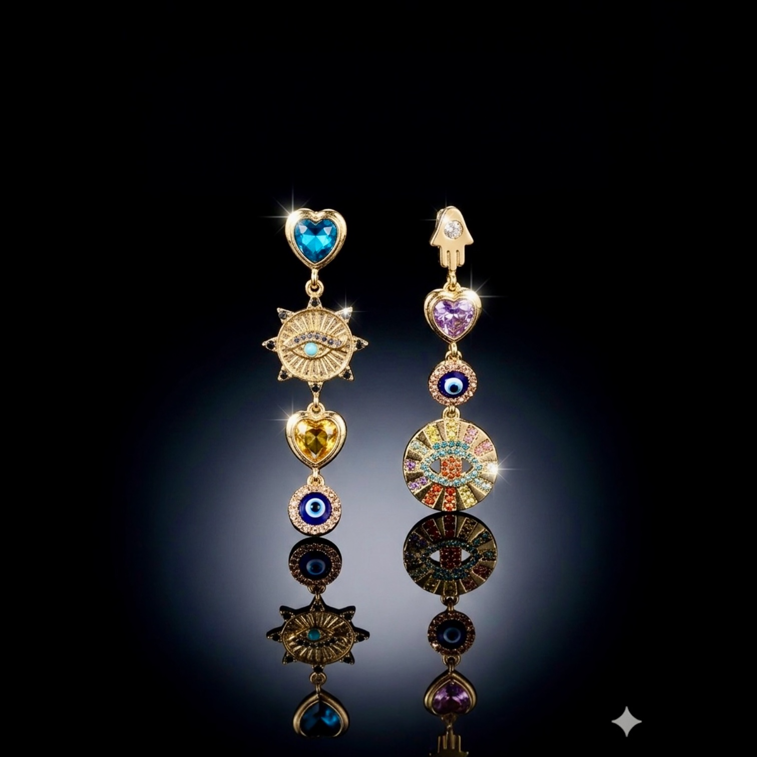 Pair of ornate earrings with colorful gemstones on a dark background