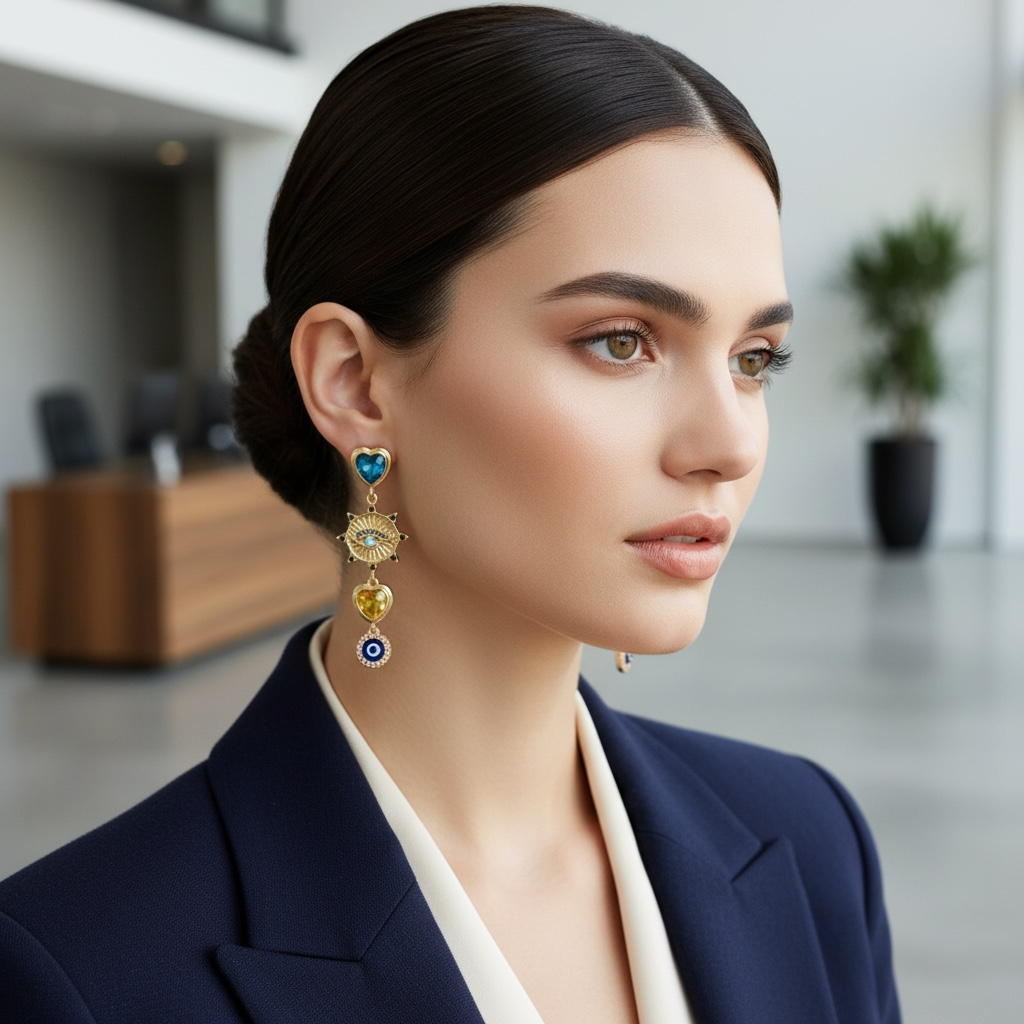 Woman wearing colorful earrings in an office setting