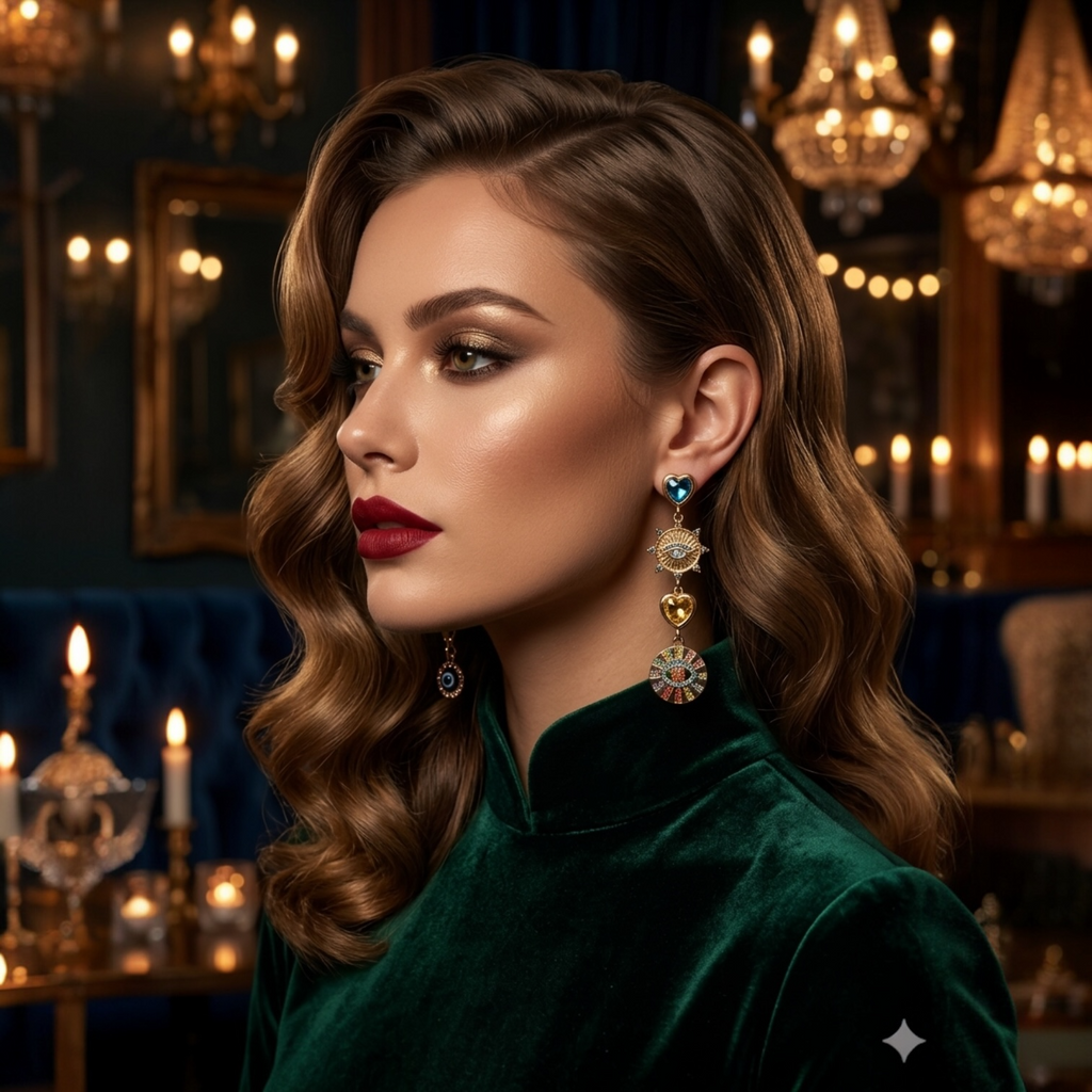 Woman wearing elegant earrings in a luxurious setting with chandeliers and candles.