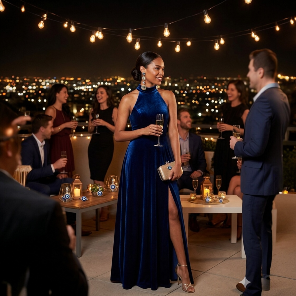 Woman in a blue velvet dress at an outdoor evening event with string lights and cityscape.