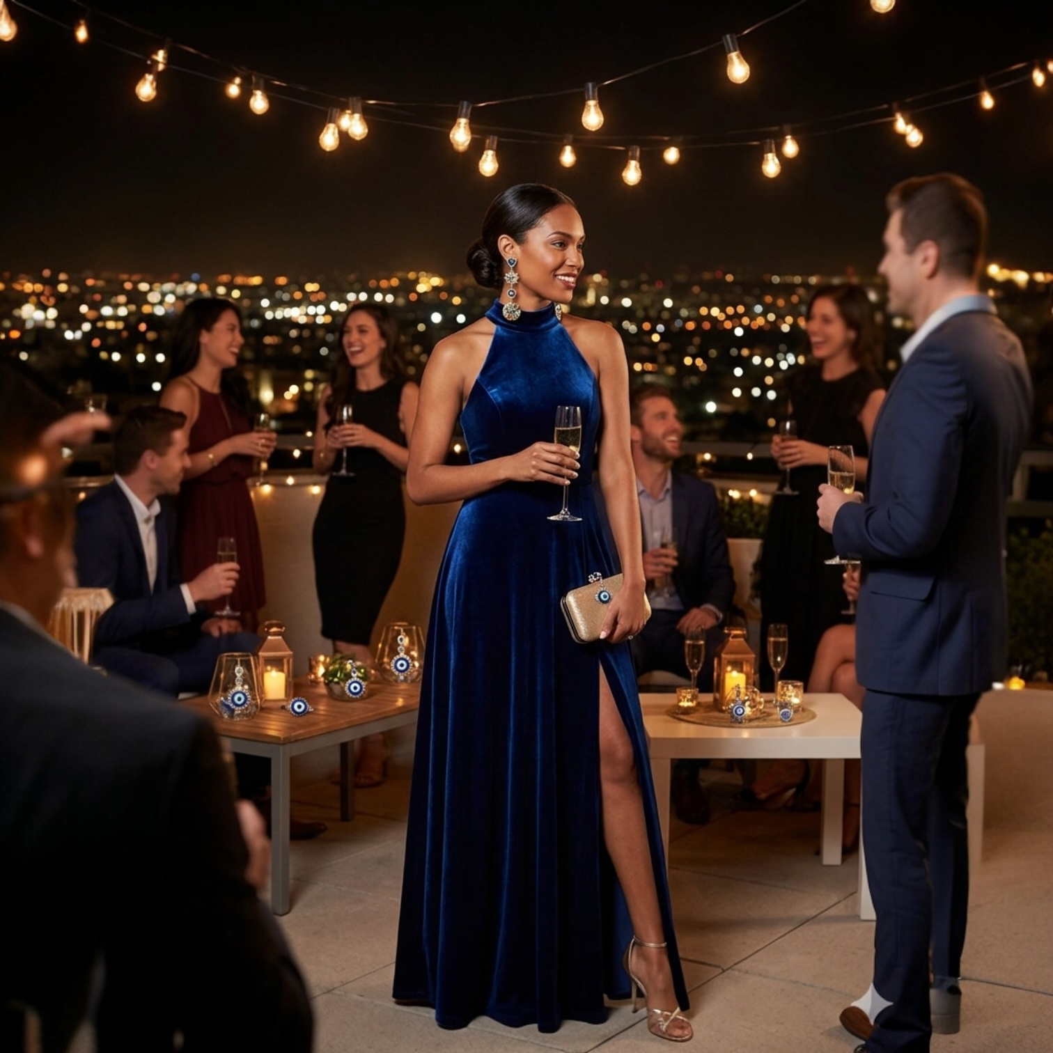 Woman in a blue velvet dress at an outdoor evening event with string lights and cityscape.