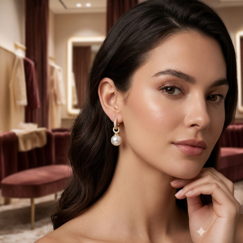 Gold Pavé Hoop Pearl Drop Earrings