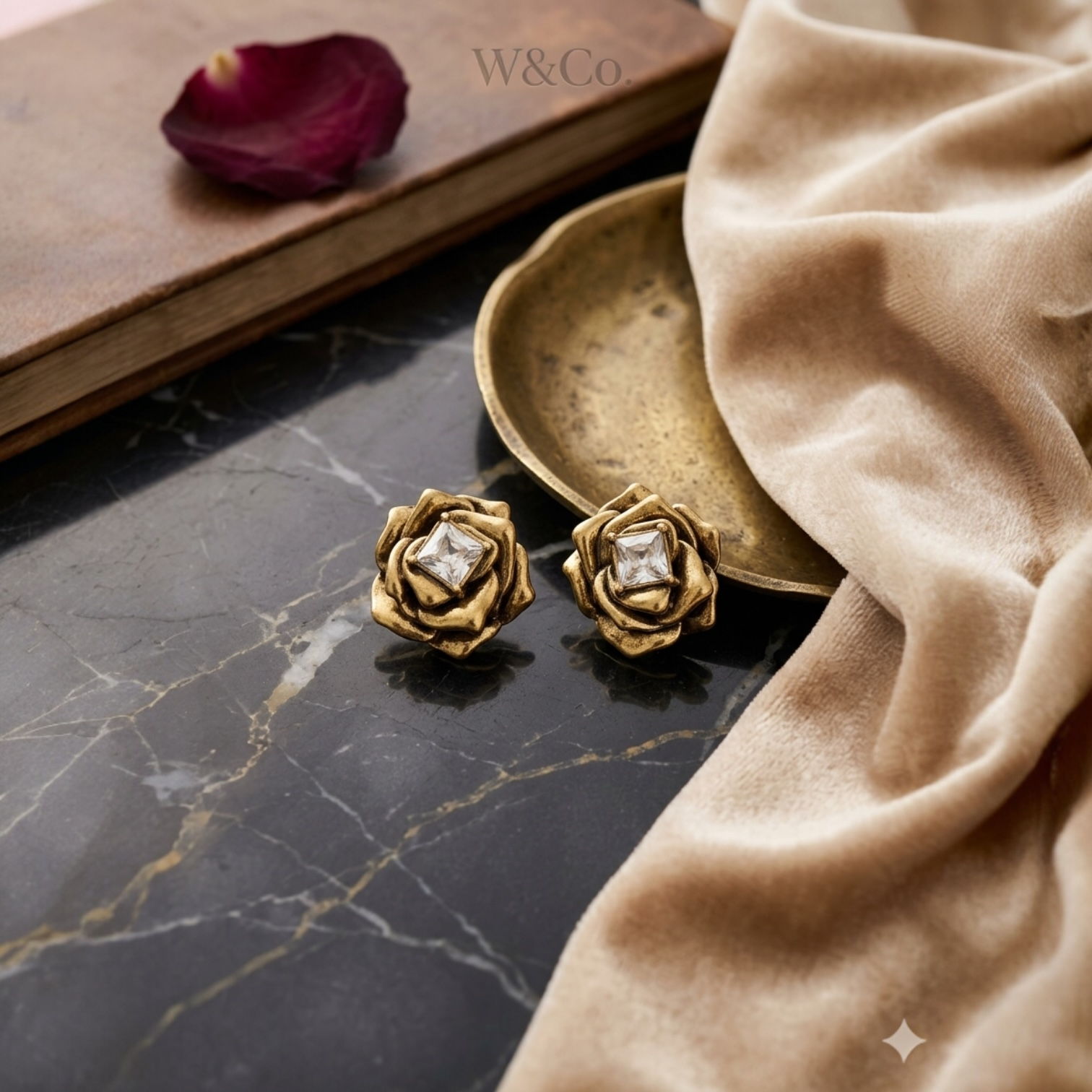 Antique Gold Rose Crystal Stud Earrings