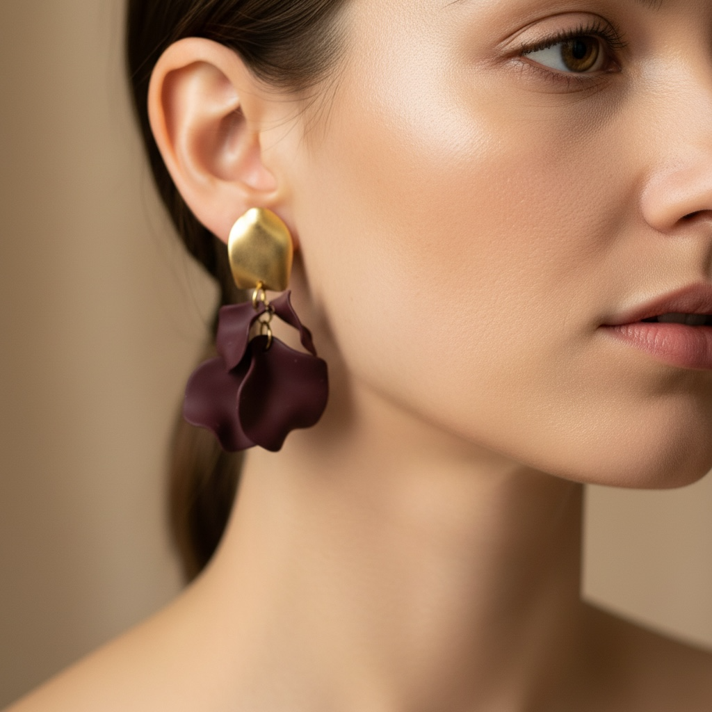 Close-up of a woman wearing a gold earring with purple flower details.